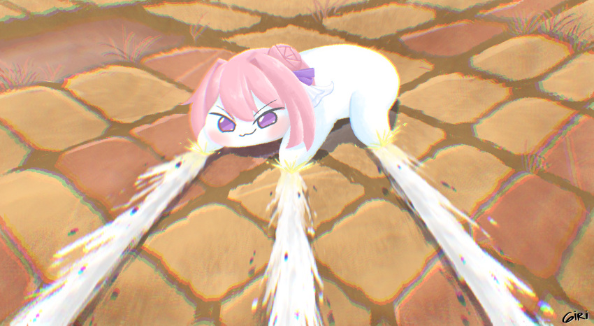 1girl, :3, absurdres, akira_slide, blush, chromatic_aberration, commentary, creature, doro_(nikke), dorothy_(nikke), english_commentary, girilocoboy, goddess_of_victory:_nikke, hair_bun, hair_intakes, highres, looking_at_viewer, pink_hair, solo, stellar_blade, violet_eyes