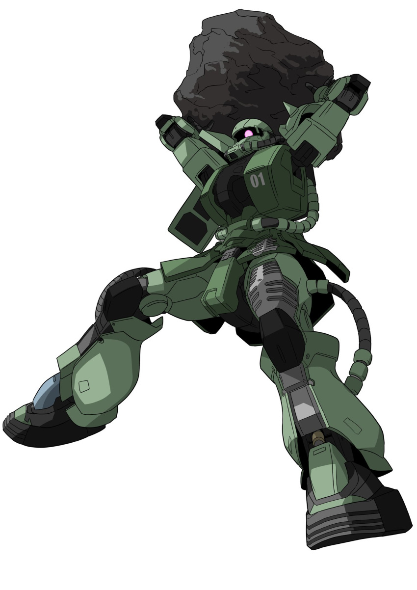 boulder, commentary_request, full_body, goru_(glty07), gundam, highres, holding, holding_rock