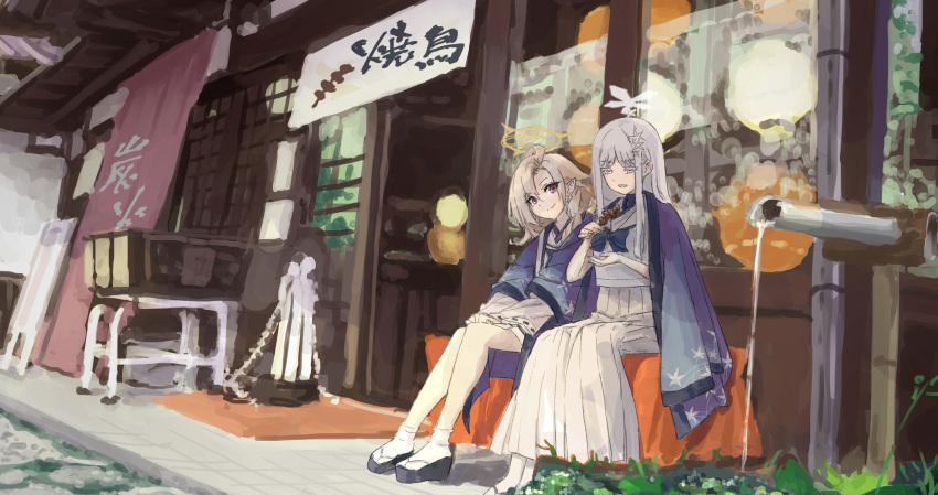 2girls, architecture, ayame_(blue_archive), blonde_hair, blue_archive, blue_bow, blue_haori, bow