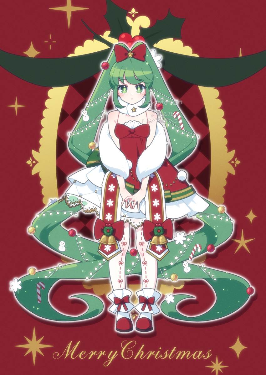 absurdres, alternate_costume, bare_shoulders, christmas, christmas_ornaments, christmas_ornaments_in_hair, commentary, dress