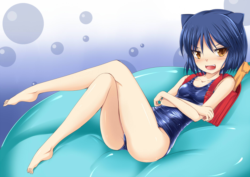 arcana_heart, backpack, bag, barefoot, blush, brown_eyes, cat_ears, crossed_arms