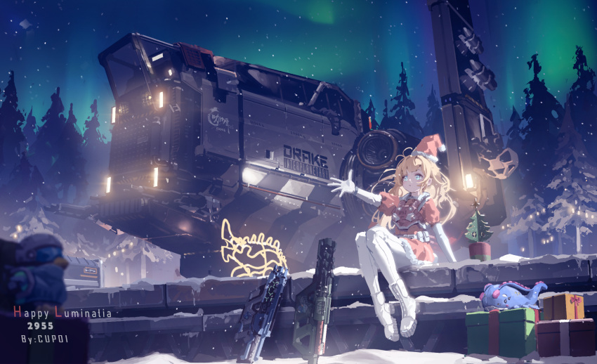 1girl, aurora, blonde_hair, boots, character_request, chigalidepoi, christmas, commentary_request