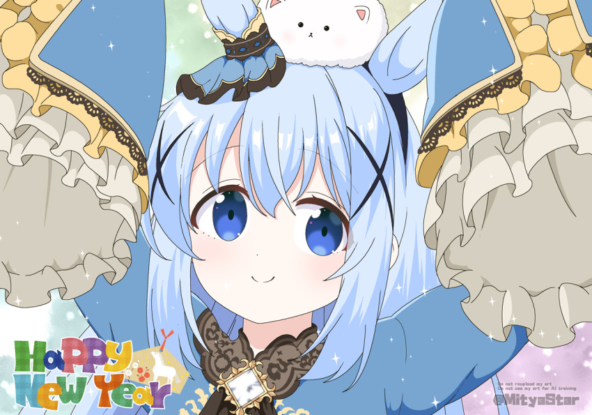 1girl, angora_rabbit, animal, animal_ears, animal_on_head, blue_eyes, blue_hair, blue_jacket, chinese_zodiac, closed_mouth, commentary_request, cosplay, ema, frilled_sleeves, frills, gochuumon_wa_usagi_desu_ka?, hair_between_eyes, hair_ornament, happy_new_year, horse_ears, horse_girl, jacket, kafuu_chino, kemonomimi_mode, long_hair, long_sleeves, looking_at_viewer, mitya, monkey_ears, monkey_girl, on_head, rabbit, satono_diamond_(umamusume), satono_diamond_(umamusume)_(cosplay), sleeves_past_fingers, sleeves_past_wrists, smile, solo_focus, tippy_(gochiusa), twitter_username, umamusume, upper_body, watermark, x_hair_ornament, year_of_the_horse