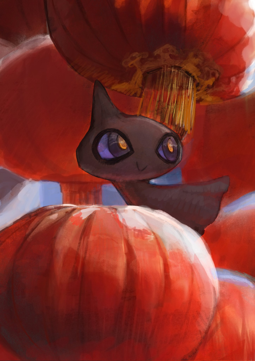 blue_eyes, blue_sclera, colored_sclera, ghost, highres, lantern, no_humans, paper_lantern