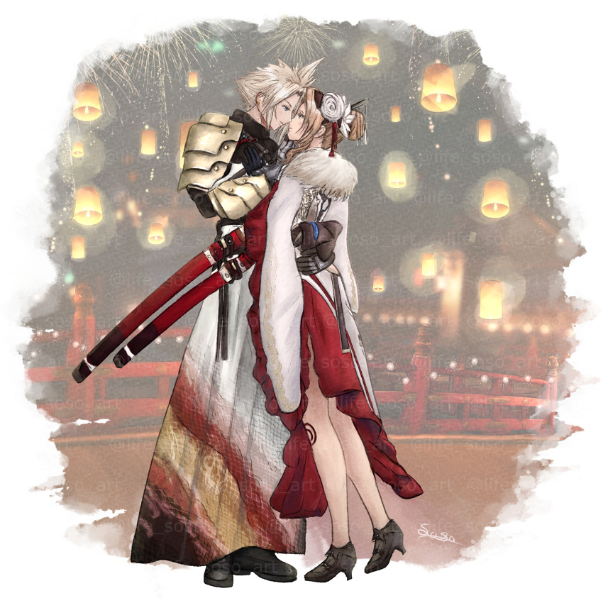 1boy, 1girl, absurdres, aerith_gainsborough, aerith_gainsborough_(festive_crimson_attire), arm_around_waist, armor, black_boots