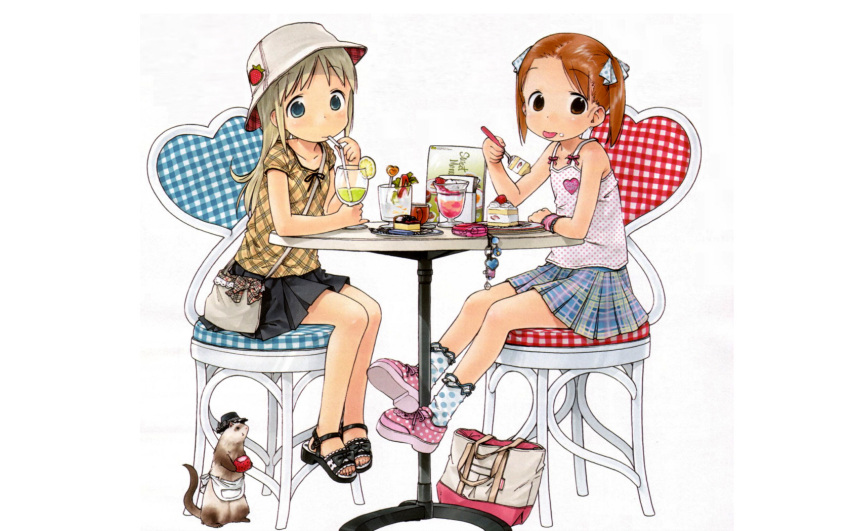 ana_coppola, bag, barasui, blonde_hair, blue_eyes, brown_eyes, brown_hair, cake, cellphone, chair, child, ferret, food, food_themed_clothes, highres, ichigo_mashimaro, john, long_hair, matsuoka_miu, multiple_girls, official_art, pastry, phone, purse, ribbon, shoes, sitting, skirt, socks, table, twintails, wallpaper, white