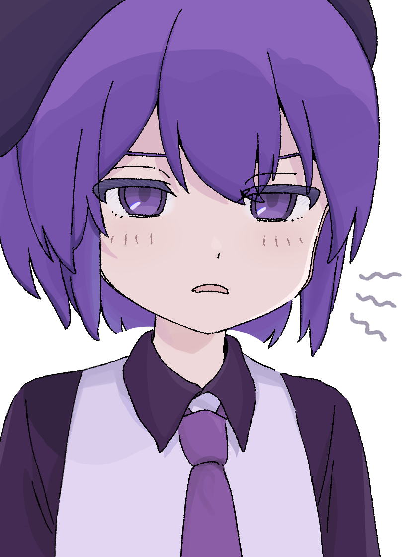 1girl, collared_shirt, commentary_request, hakamada_tama, looking_at_viewer, necktie, parted_lips, purple_hair