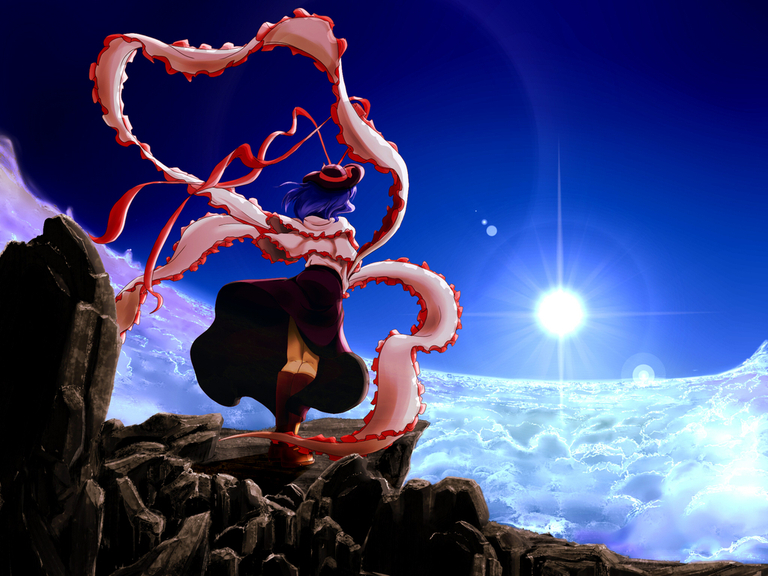 blue_hair, cloud, clouds, frills, from_behind, hat, keckle, kneehighs, lens_flare, long_skirt, mountain, nagae_iku, ribbon, rock, scarf, scenery, shawl, short_hair, skirt, sky, solo, standing, sun, touhou, upskirt, wind
