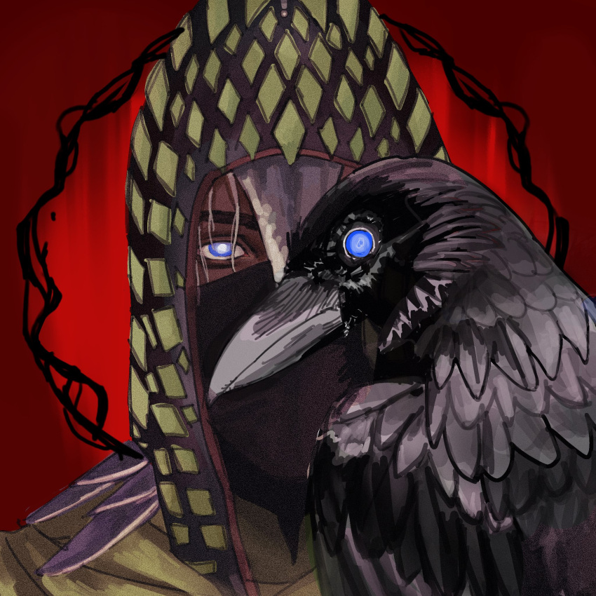 1boy, animal, armor, bird, black_mask, blue_eyes, bright_pupils, close-up