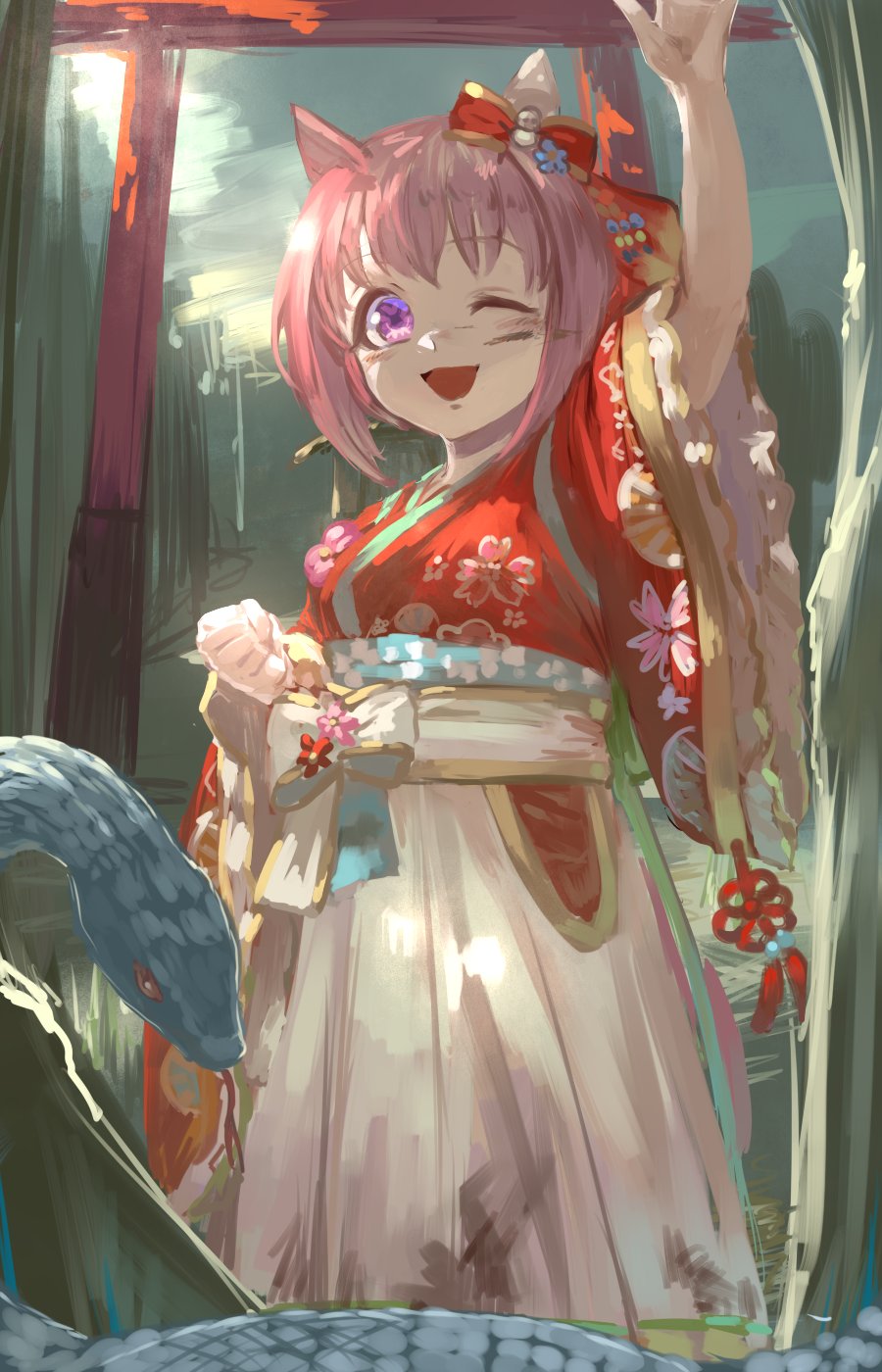 1girl, animal_ears, arm_up, bow, camellia_print, dirty, dirty_clothes, dirty_face