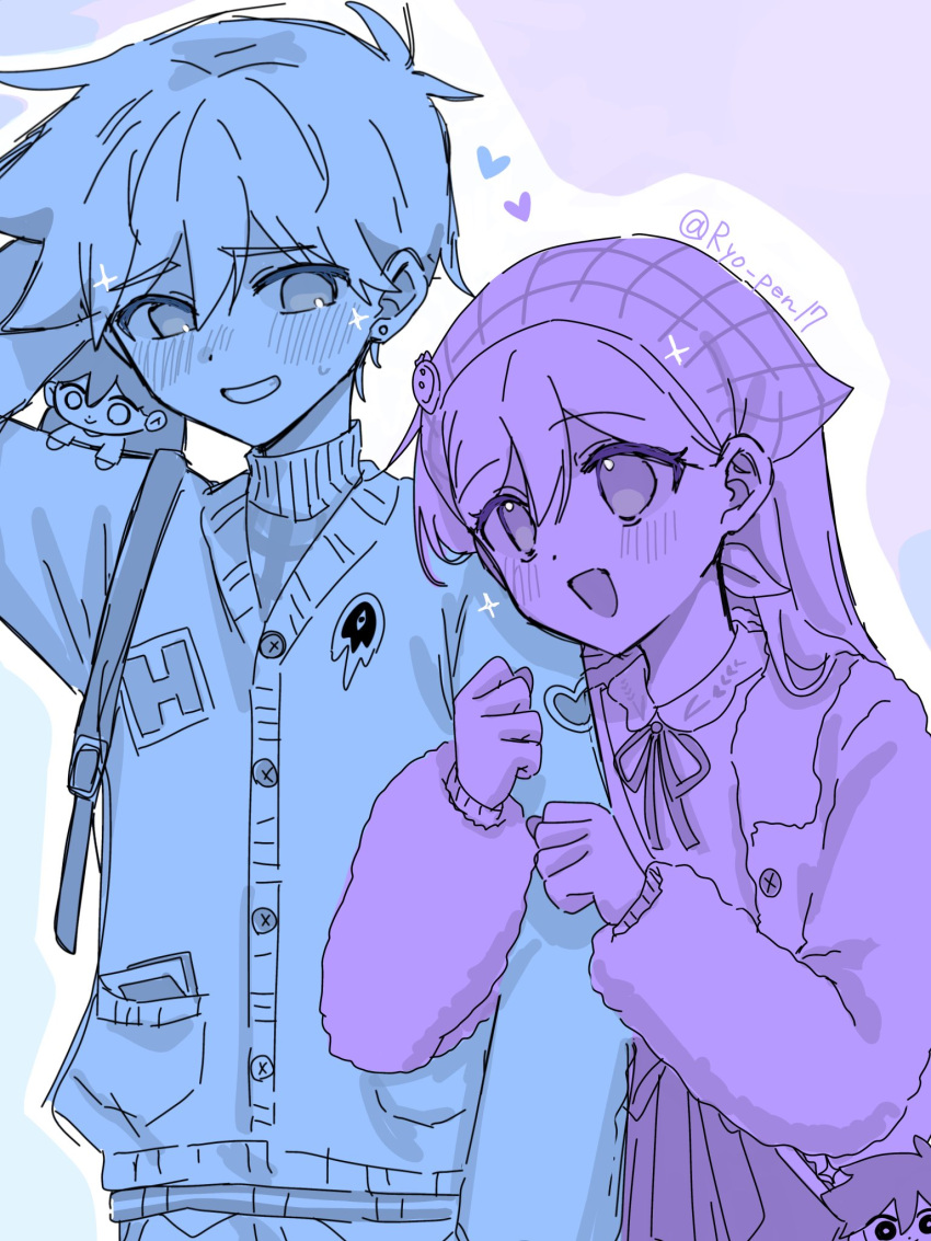 1boy, 1girl, antenna_hair, arm_behind_head, arm_up, artist_name, bag, blush, cardigan, character_doll, commentary_request, doll, double-parted_bangs, ear_piercing, hair_between_eyes, handbag, headscarf, heart, hero_(birthday)_(omori), hero_(faraway)_(omori), hero_(omori), highres, locked_arms, long_hair, long_sleeves, looking_at_another, mari_(birthday)_(omori), mari_(faraway)_(omori), mari_(omori), mari_(spirit)_(omori), multiple_monochrome, omori, open_mouth, photo_(object), piercing, ryo_pen17, short_hair, sketch, smile, stuffed_toy, sweater, turtleneck, turtleneck_sweater, twitter_username