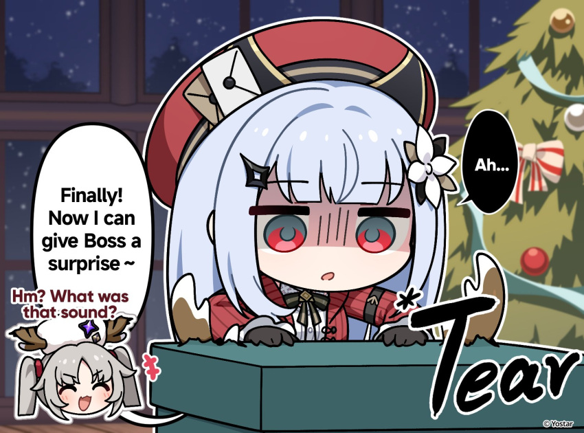 2girls, :3, :d, black_gloves, blue_hair, box, cardigan, christmas_tree