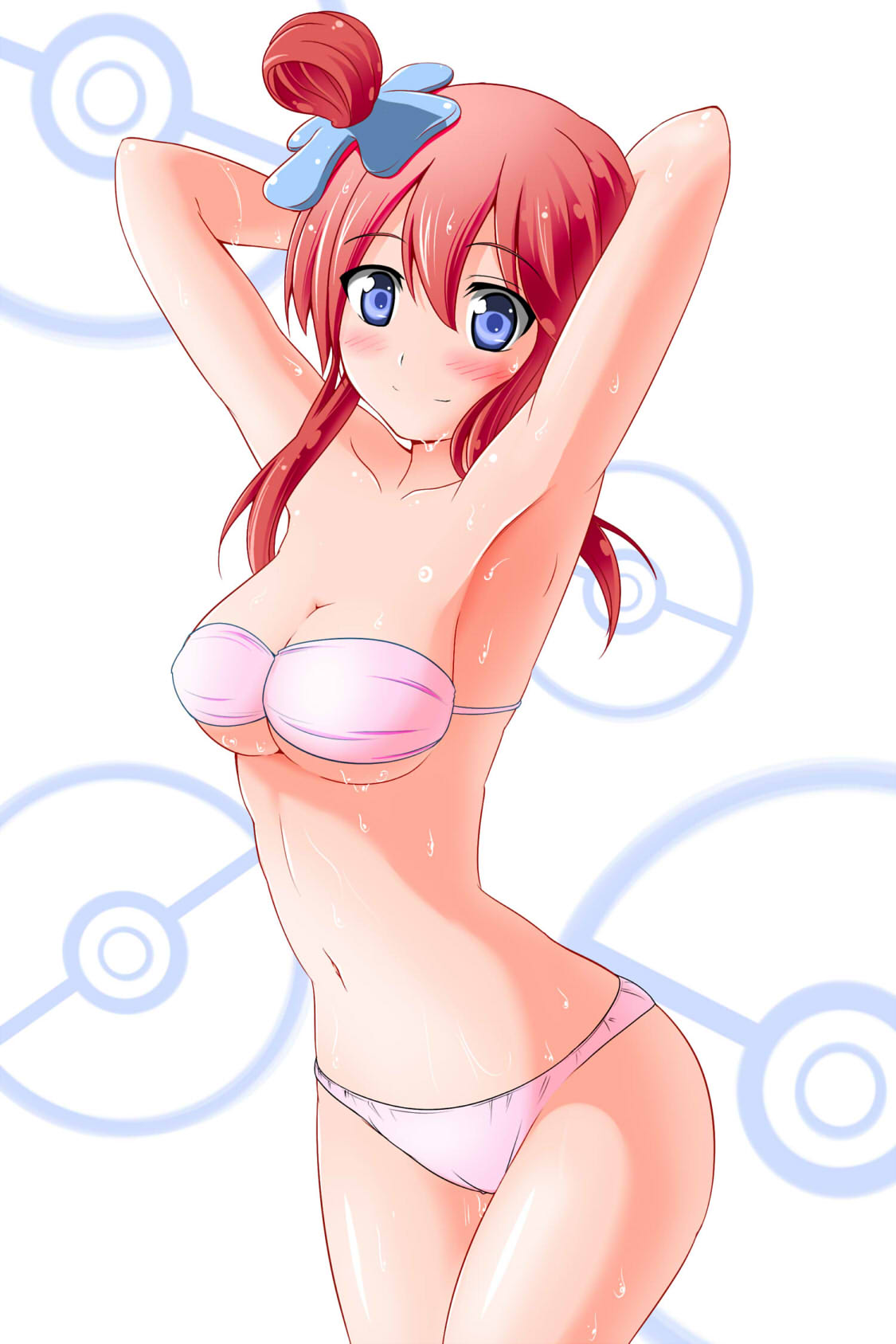 1girl, arms_behind_head, blue_eyes, blush, breasts, cleavage, fuuro_(pokemon), hair_ornament