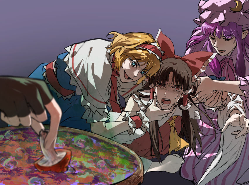 4girls, aihara-rina, alice_margatroid, ascot, blonde_hair, blue_dress, blue_eyes, bow, brown_hair, capelet, chinese_commentary, commentary_request, crescent, crescent_hat_ornament, detached_sleeves, dress, evil_smile, fingerless_gloves, forced_to_watch, frilled_bow, frilled_hair_tubes, frills, gloves, hair_bow, hair_tubes, hairband, hakurei_reimu, hat, hat_ornament, highres, how_to_torture_an_italian_(meme), kirisame_marisa, lolita_hairband, long_hair, long_sleeves, medium_hair, meme, mob_cap, multiple_girls, mushroom, panicking, patchouli_knowledge, pink_dress, pink_hat, purple_hair, red_bow, red_eyes, red_hairband, red_skirt, skirt, smile, touhou, white_capelet, yellow_ascot