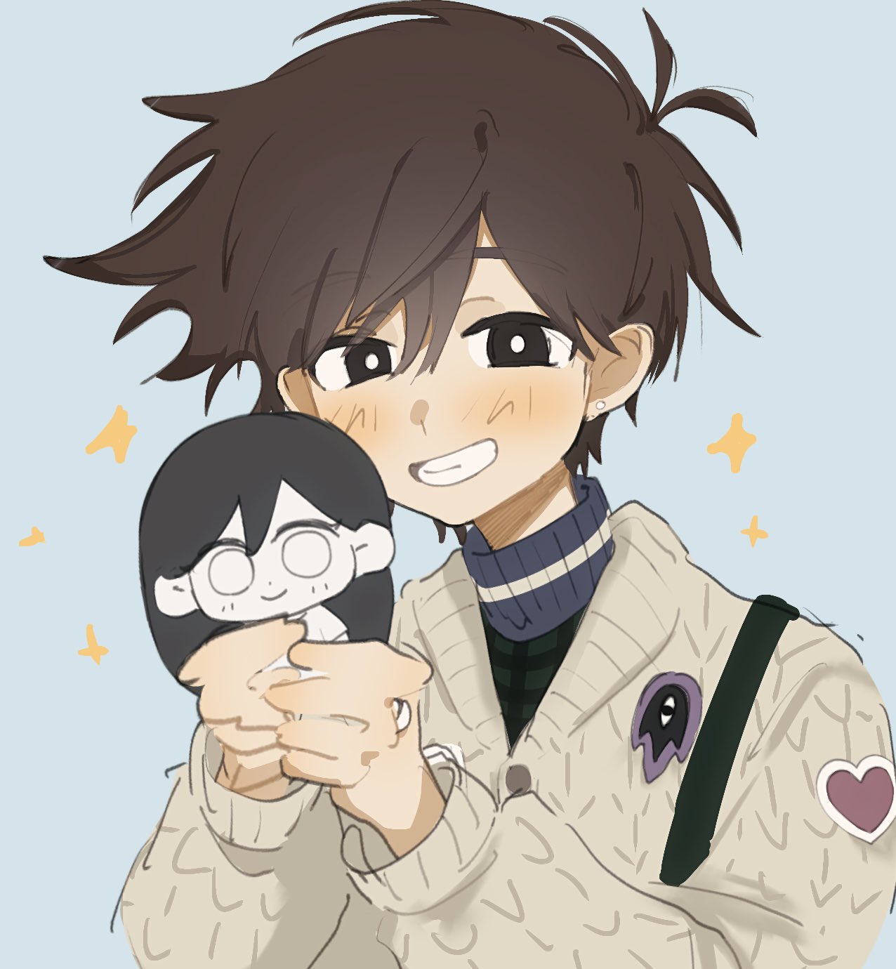 1boy, antenna_hair, black_eyes, blue_background, blush, bright_pupils, brown_hair, cardigan, character_doll, commentary, dark-skinned_male, dark_skin, doll, double-parted_bangs, ear_piercing, english_commentary, fuchome, grin, hair_between_eyes, hero_(birthday)_(omori), hero_(faraway)_(omori), hero_(omori), highres, holding, holding_stuffed_toy, long_sleeves, looking_at_viewer, mari_(omori), mari_(spirit)_(omori), official_alternate_costume, omori, piercing, short_hair, simple_background, smile, solo, something_(omori), stuffed_toy, sweater, teeth, turtleneck, turtleneck_sweater, upper_body, white_cardigan, white_pupils