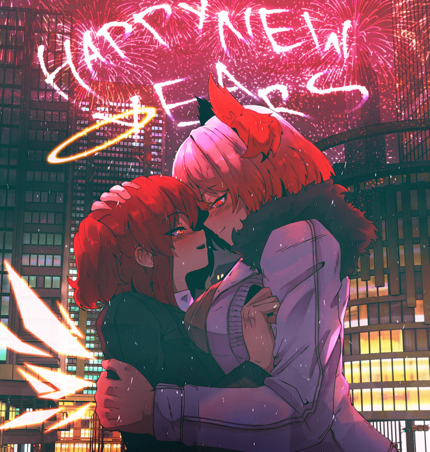 2girls, animal_ears, annierosaart, arknights, bird_ears, black_coat, blush, building