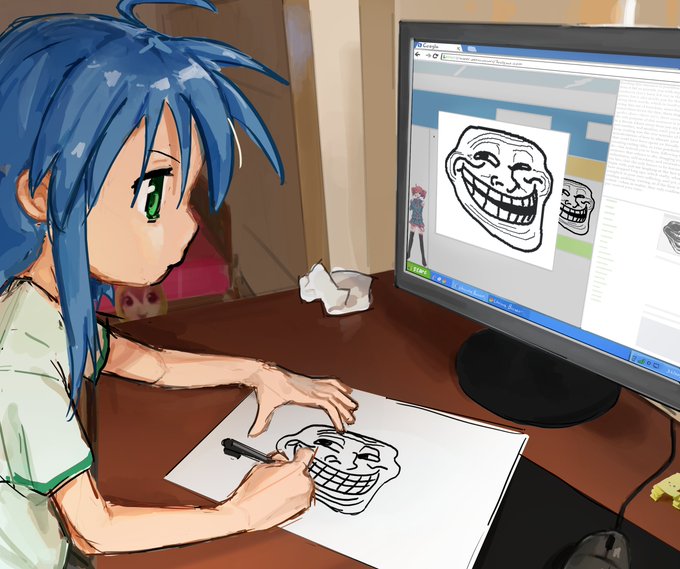1girl, ahoge, blue_hair, computer, drawing, from_side, google, green_eyes