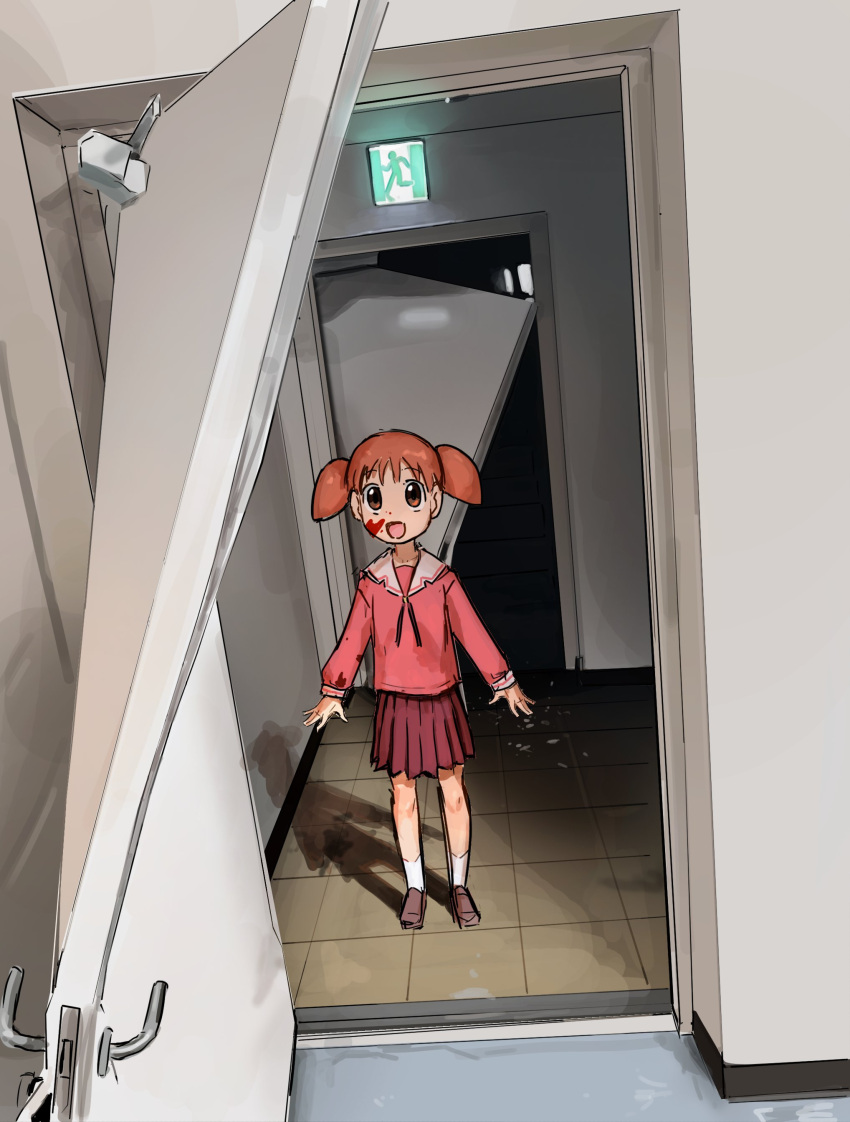 azumanga_daioh, blood_on_face, brown_eyes, doorway, escape_sign, liamickpie, mihama_chiyo, orange_hair