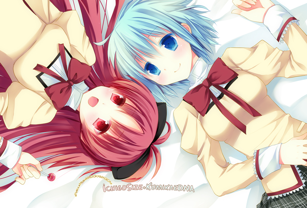 alternate_costume, blue_eyes, blue_hair, bow, candy, collaboration, hair_bow, lollipop