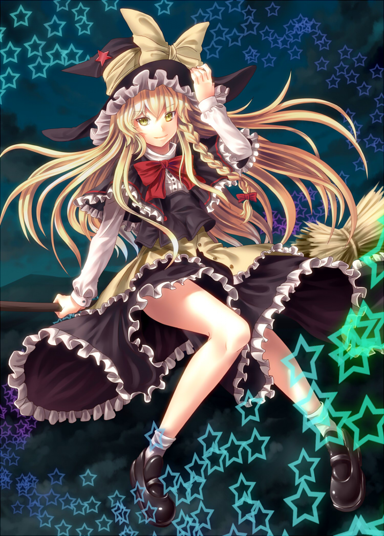 blonde_hair, bow, braid, broom, hair_bow, hat, kirisame_marisa, long_hair