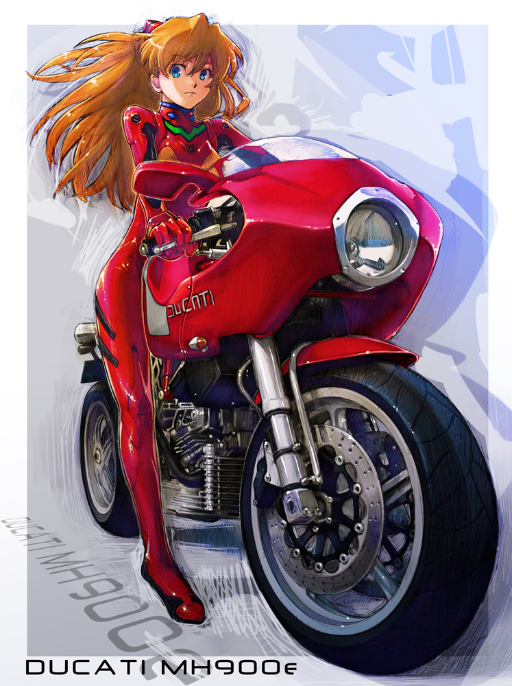blue_eyes, bodysuit, boyaking, brown_hair, ducati, ducati_mh900e, latex, long_hair, motor_vehicle, motorcycle, neon_genesis_evangelion, plugsuit, shikinami_asuka_langley, solo, soryu_asuka_langley, souryuu_asuka_langley, vehicle