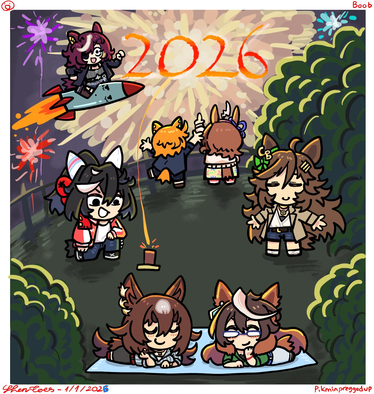 2026, 6+girls, ^_^, aerial_fireworks, ahoge, animal_ear_piercing, animal_ears, belt, bespectacled, black_eyes, black_hair, black_jacket, black_pants, black_shoes, black_socks, blue-framed_eyewear, blue_belt, blue_jacket, blue_pants, blue_shirt, blue_shorts, boots, border, bow, bra_strap, bracelet, brown_belt, brown_boots, brown_coat, brown_hair, brown_shoes, bush, casual, chibi, closed_eyes, coat, collared_coat, collared_shirt, dated, denim, denim_shorts, ear_covers, ear_ornament, ear_ribbon, expressive_hair, eyepatch, fireworks, floral_print, from_behind, glasses, gold_necklace, green_bow, green_shirt, grey_shirt, hair_between_eyes, hair_bow, hair_ornament, hairclip, hand_in_own_hair, hand_on_own_chin, happy, highres, horse_ears, horse_girl, horse_tail, jacket, jeans, jewelry, katsuragi_ace_(casual)_(umamusume), katsuragi_ace_(umamusume), kneehighs, lapels, layered_sleeves, leg_up, letter_hair_ornament, long_hair, long_skirt, long_sleeves, looking_at_object, lying, medium_hair, meisho_doto_(casual)_(umamusume), meisho_doto_(umamusume), messy_hair, mr._c.b._(casual)_(umamusume), mr._c.b._(umamusume), multicolored_hair, multiple_girls, multiple_piercings, necklace, new_year, night, notched_lapels, off-shoulder_shirt, off_shoulder, on_one_knee, on_stomach, open_clothes, open_coat, orange_hair, outdoors, outstretched_arms, pants, parallel_hairclips, pendant, pikminpreggedup, pink_shoes, pointing, pointing_up, ponytail, print_skirt, puffy_long_sleeves, puffy_sleeves, purple_ribbon, railing, red_bow, red_jacket, ribbed_socks, ribbon, riding, rocket, shirt, shoes, shorts, signature, sirius_symboli_(casual)_(umamusume), sirius_symboli_(umamusume), skirt, smiley_face, sneakers, socks, streaked_hair, striped_clothes, striped_shirt, sweater, symboli_rudolf_(casual)_(umamusume), symboli_rudolf_(umamusume), t.m._opera_o_(casual)_(umamusume), t.m._opera_o_(umamusume), tail, tanino_gimlet_(casual)_(umamusume), tanino_gimlet_(umamusume), thick_eyebrows, three-quarter_sleeves, track_jacket, umamusume, v-shaped_eyebrows, vertical-striped_clothes, vertical-striped_shirt, white_border, white_pants, white_shirt, white_sweater, wide-eyed, yellow_skirt