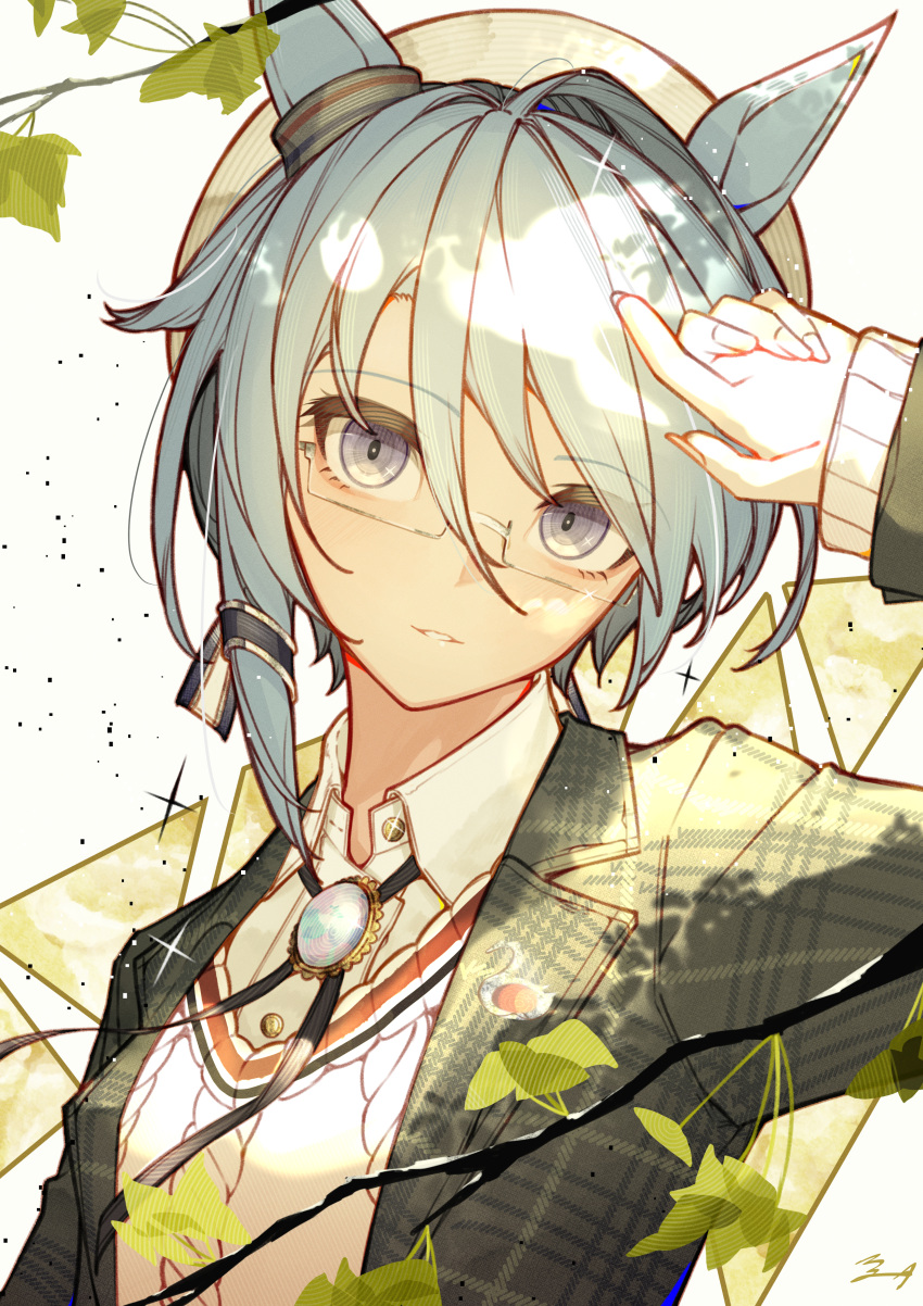 1girl, absurdres, animal_ears, beret, blue_eyes, blue_hair, collared_shirt, glasses