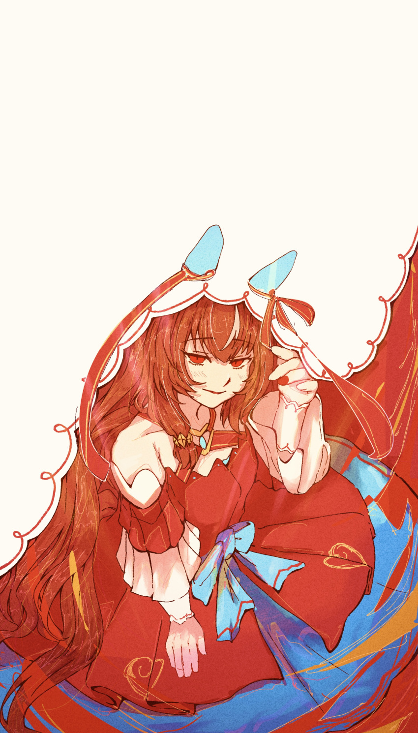 1girl, absurdres, animal_ears, b0tam0chi3, bare_shoulders, brown_hair, closed_mouth, collarbone, detached_sleeves, dress, ear_covers, ear_ribbon, hair_between_eyes, highres, horse_ears, horse_girl, long_hair, looking_at_viewer, red_dress, red_eyes, ribbon, solo, still_in_love_(scarlet_vow_raiment)_(umamusume), still_in_love_(umamusume), umamusume, veil, white_streaks, white_veil
