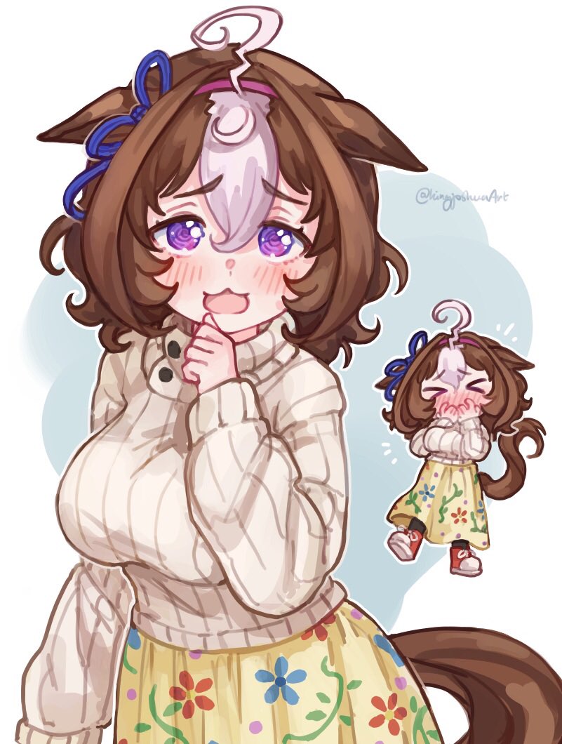 1girl, :3, @_@, ahoge, animal_ears, artist_name, blush, breasts, brown_hair, brown_sweater, chibi, chibi_inset, commentary_request, floral_print, floral_print_skirt, grey_hair, horse_ears, horse_girl, horse_tail, kingjoshua, large_breasts, long_sleeves, looking_at_viewer, meisho_doto_(casual)_(umamusume), meisho_doto_(umamusume), multicolored_hair, open_mouth, print_skirt, red_shoes, shoes, short_hair, skirt, streaked_hair, sweater, tail, twitter_username, umamusume, violet_eyes, yellow_skirt