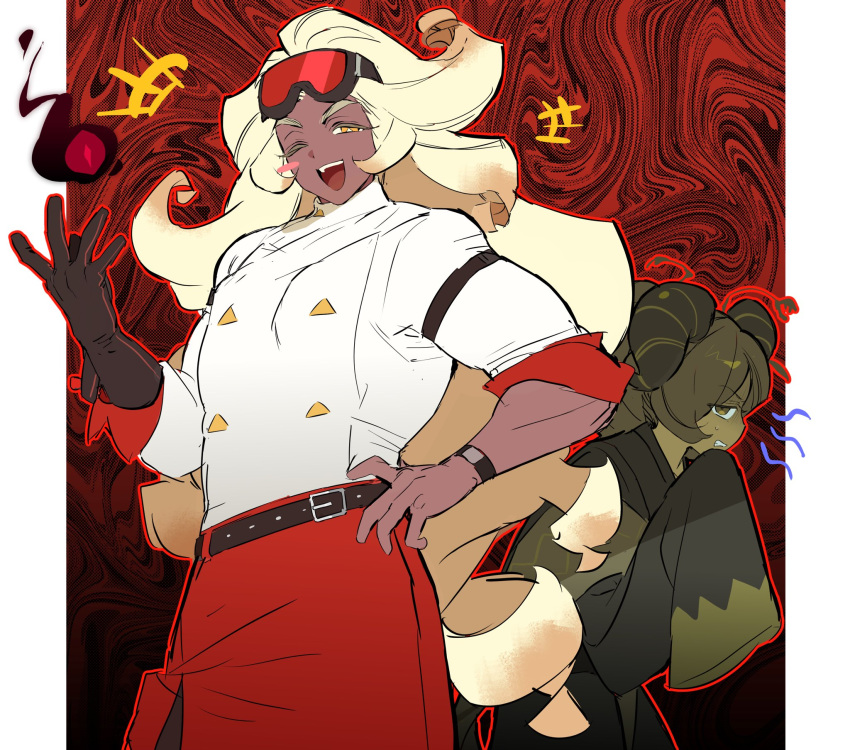 +++, 1boy, 1girl, ;d, abstract_background, back-to-back, bad_id, bad_twitter_id, belt, black_background, black_dress, blonde_hair, blush_stickers, bright_pupils, brown_belt, brown_gloves, brown_hair, brown_horns, butter_roll_cookie, buttons, clenched_teeth, cookie_run, cookie_run:_kingdom, cowboy_shot, dark-skinned_female, dark-skinned_male, dark_skin, double-breasted, dress, gloves, goggles, goggles_on_head, gradient_background, hand_on_own_chin, hand_on_own_hip, hand_up, highres, horns, humanization, jacket, long_hair, long_sleeves, looking_at_viewer, matcha_cookie, ohta_guk_hip, one_eye_closed, open_mouth, outline, outside_border, pillarboxed, profile, red-tinted_eyewear, red_background, red_outline, red_skirt, sideways_mouth, single_blush_sticker, single_glove, skirt, sleeves_past_fingers, sleeves_past_wrists, smile, standing, studded_belt, sweatdrop, teeth, three-quarter_sleeves, tinted_eyewear, tongue, two-tone_background, upper_teeth_only, v-shaped_eyebrows, very_long_hair, watch, watch, white_jacket, white_pupils, wide_sleeves, yellow_eyes