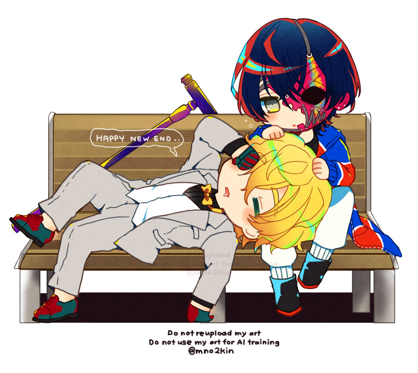 1boy, 1girl, black_hair, black_shirt, blonde_hair, bow, bowtie, chibi