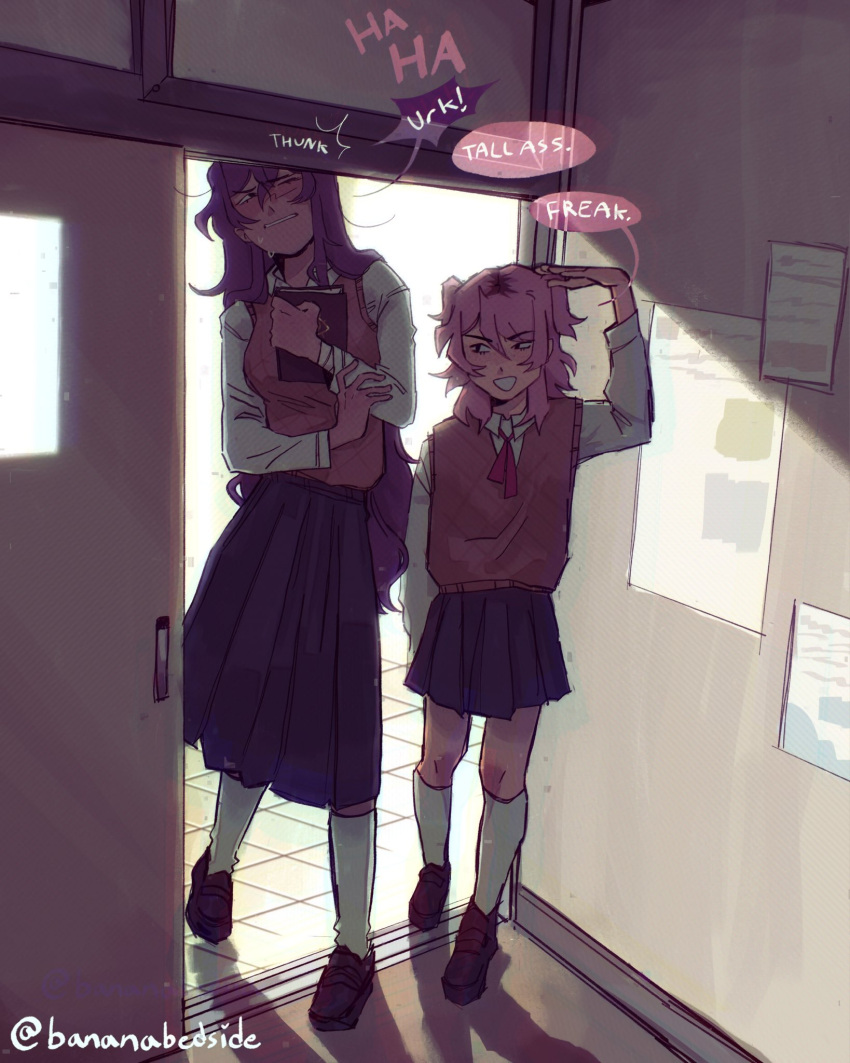 2girls, adapted_costume, black_shoes, blue_skirt, blush, book, brown_sweater_vest, bumping_head, collared_shirt, commentary, doki_doki_literature_club, door, doorway, english_commentary, english_text, eyelashes, full_body, hand_up, height_difference, highres, holding, holding_book, injury, kneehighs, laughing, long_hair, long_skirt, long_sleeves, multiple_girls, natsuki_(doki_doki_literature_club), neck_ribbon, one_eye_closed, poster_(object), purple_hair, rayne_(bananabedside), red_ribbon, ribbon, school_uniform, shadow, shirt, shoes, skirt, smile, socks, sound_effects, speech_bubble, standing, sweat, sweater_vest, tile_floor, tiles, twitter_username, white_shirt, white_socks, yuri_(doki_doki_literature_club)