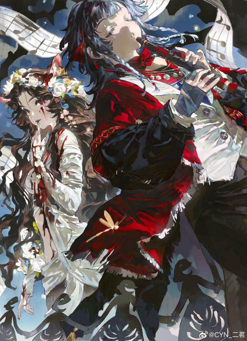 2girls, absurdres, animal_ears, black_coat, black_pants, blood, blood_on_clothes, blood_on_face