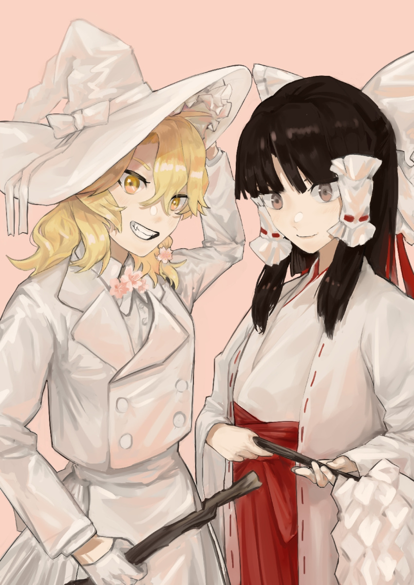 2girls, alternate_color, alternate_costume, babaiwan_fengchui, blonde_hair, bow, brown_eyes, brown_hair, cherry_blossoms, chinese_commentary, closed_mouth, commentary_request, flower, frilled_bow, frilled_hair_tubes, frills, gloves, gohei, grin, hair_bow, hair_flower, hair_ornament, hair_tubes, hakama, hakama_skirt, hakurei_reimu, hat, highres, holding, holding_gohei, jacket, japanese_clothes, kimono, kirisame_marisa, long_hair, looking_at_viewer, multiple_girls, pink_background, pink_flower, red_hakama, simple_background, skirt, smile, touhou, white_bow, white_gloves, white_hat, white_jacket, white_kimono, white_skirt, yellow_eyes