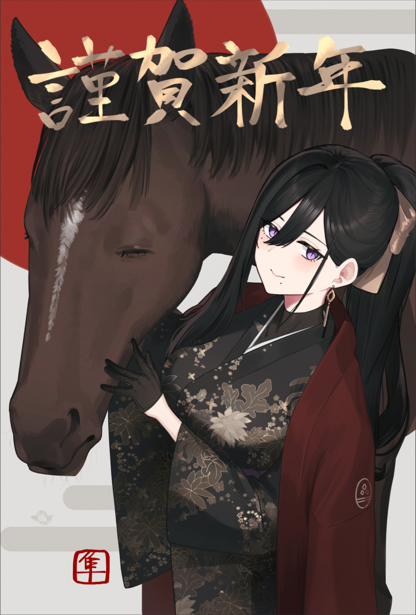 1girl, black_gloves, black_hair, black_kimono, blush, breasts, classy-black-haired_girl_(hayabusa), earrings