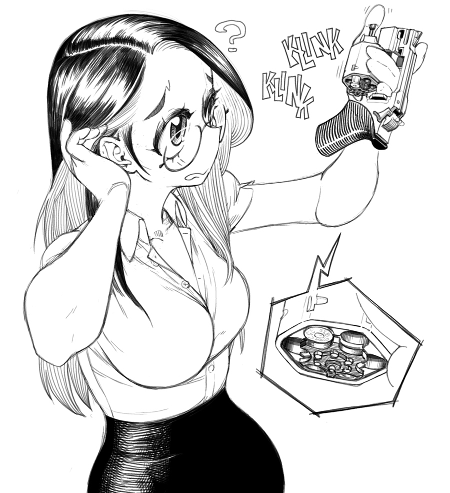 1girl, ?, breasts, chiappa_rhino, collared_shirt, electric_niw, glasses, greyscale