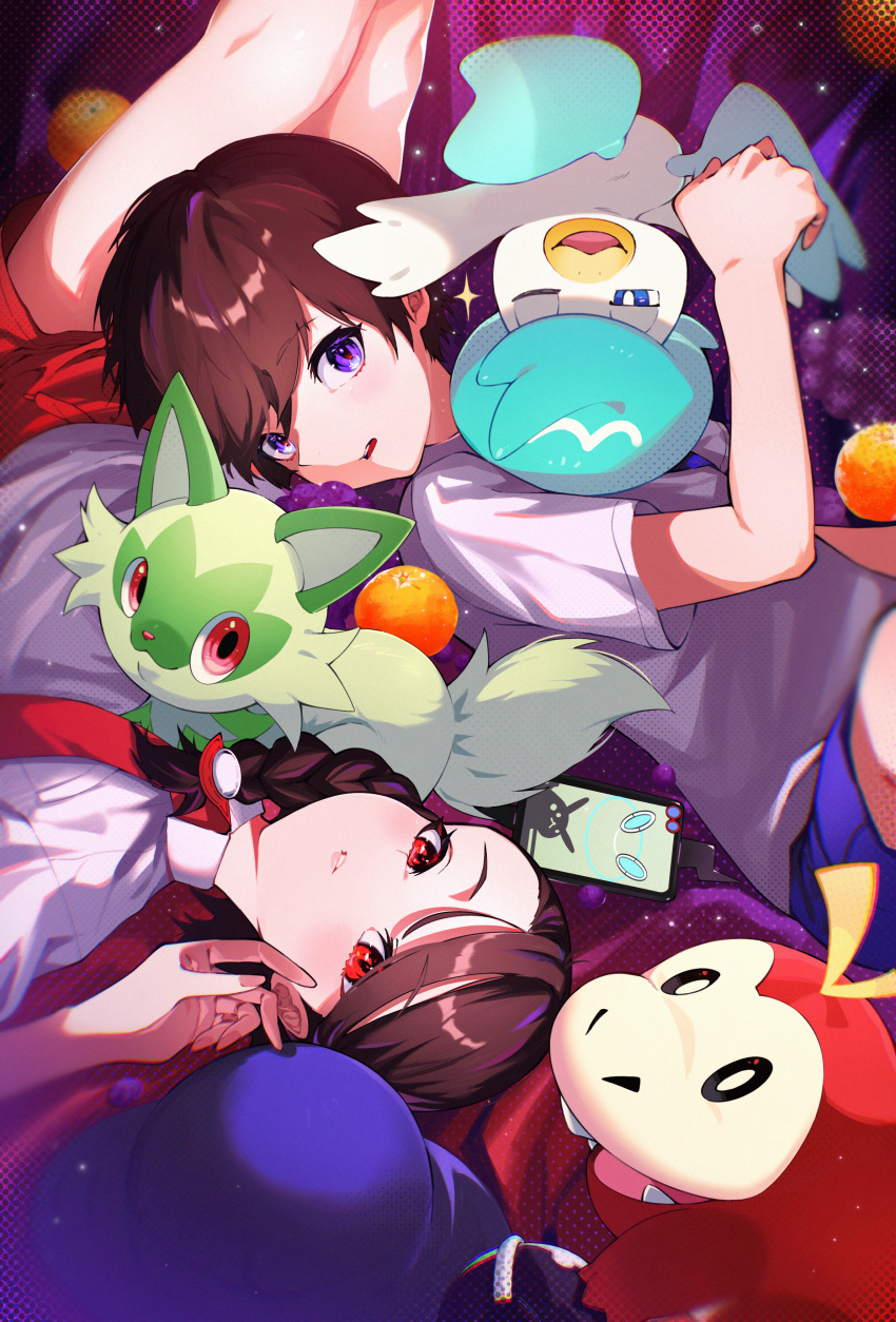 1boy, 1girl, absurdres, braid, brown_hair, commentary_request, florian_(pokemon), food, fruit, fuecoco, highres, juliana_(pokemon), long_hair, looking_at_viewer, one_eye_closed, open_mouth, orange_(fruit), pokemon, pokemon_(creature), pokemon_sv, quaxly, red_eyes, shirt, sprigatito, starter_pokemon_trio, u_tei, violet_eyes, white_shirt