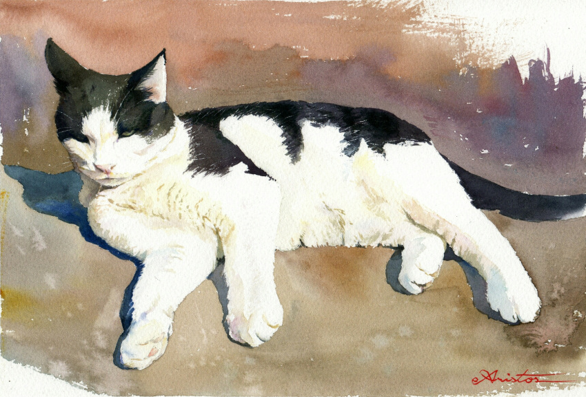 animal, animal_focus, aris_0827, cat, commentary_request, highres, no_humans, original, painting_(medium), photorealistic, realistic, signature, traditional_media, watercolor_(medium)