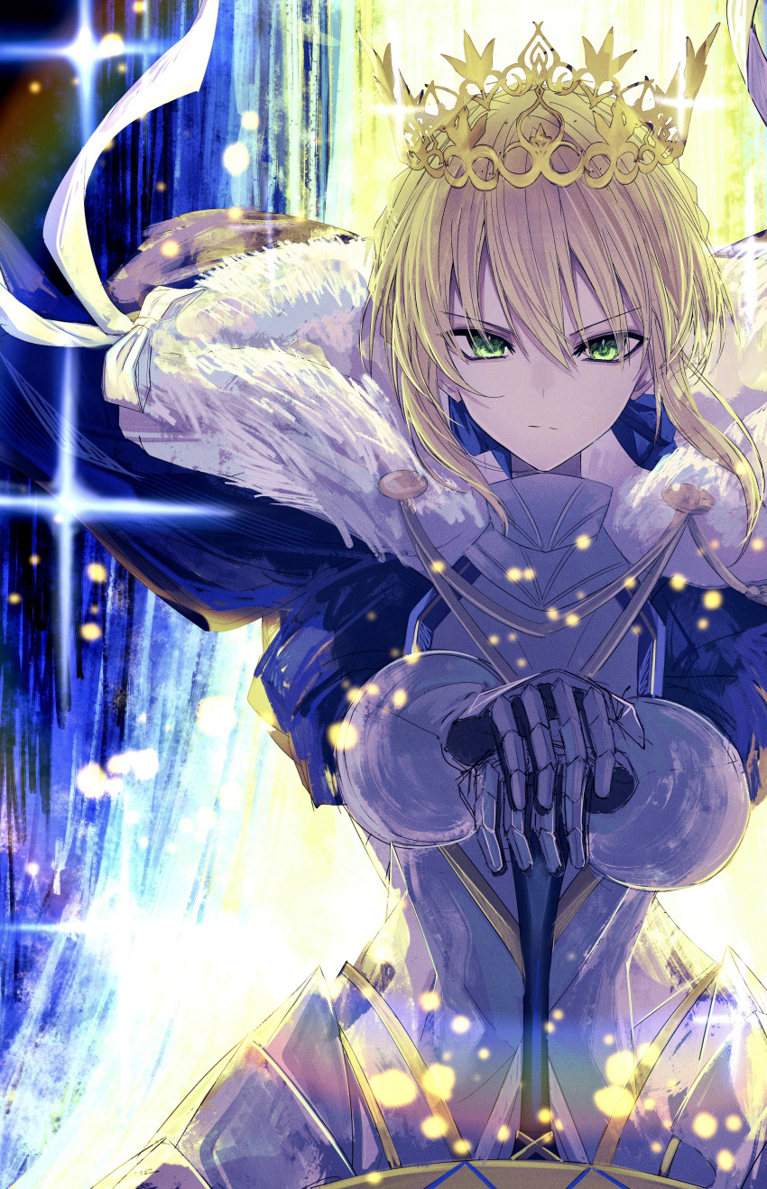 1girl, absurdres, armor, artoria_pendragon_(fate), blonde_hair, blue_cape, breastplate, cape
