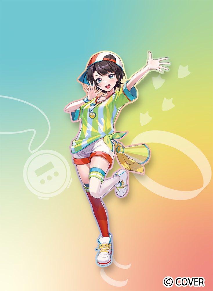 1girl, aqua_eyes, arm_up, asymmetrical_legwear, baseball_cap, black_hair, commentary_request, company_name