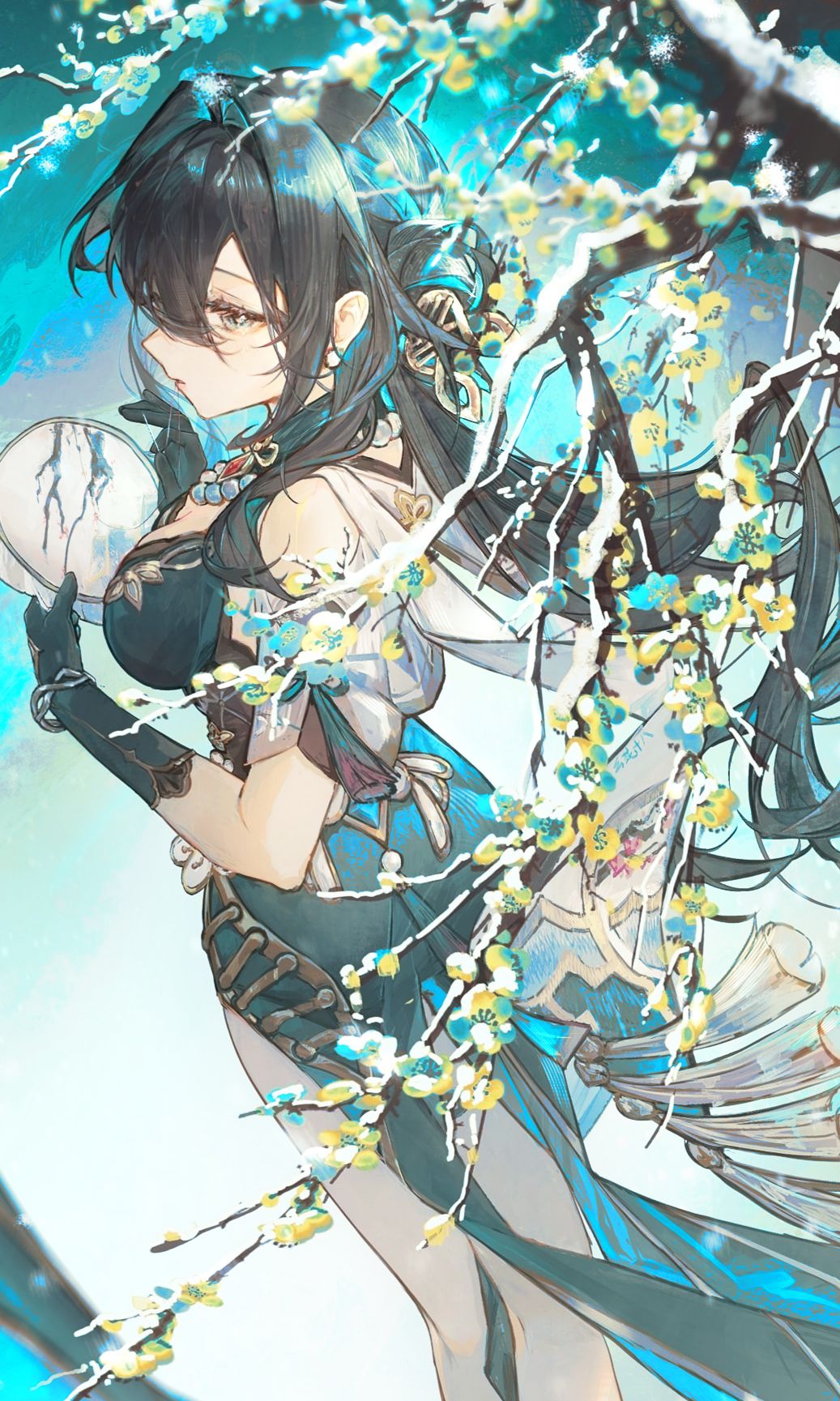1girl, arm_up, black_corset, black_gloves, blue_dress, blue_shoes, bracelet, brown_hair