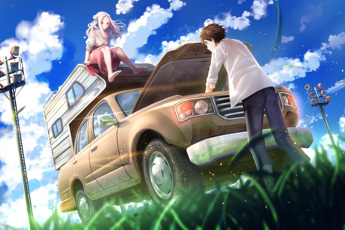 1boy, 1girl, amei_kanna, barefoot, blue_sky, brown_hair, closed_mouth, clouds