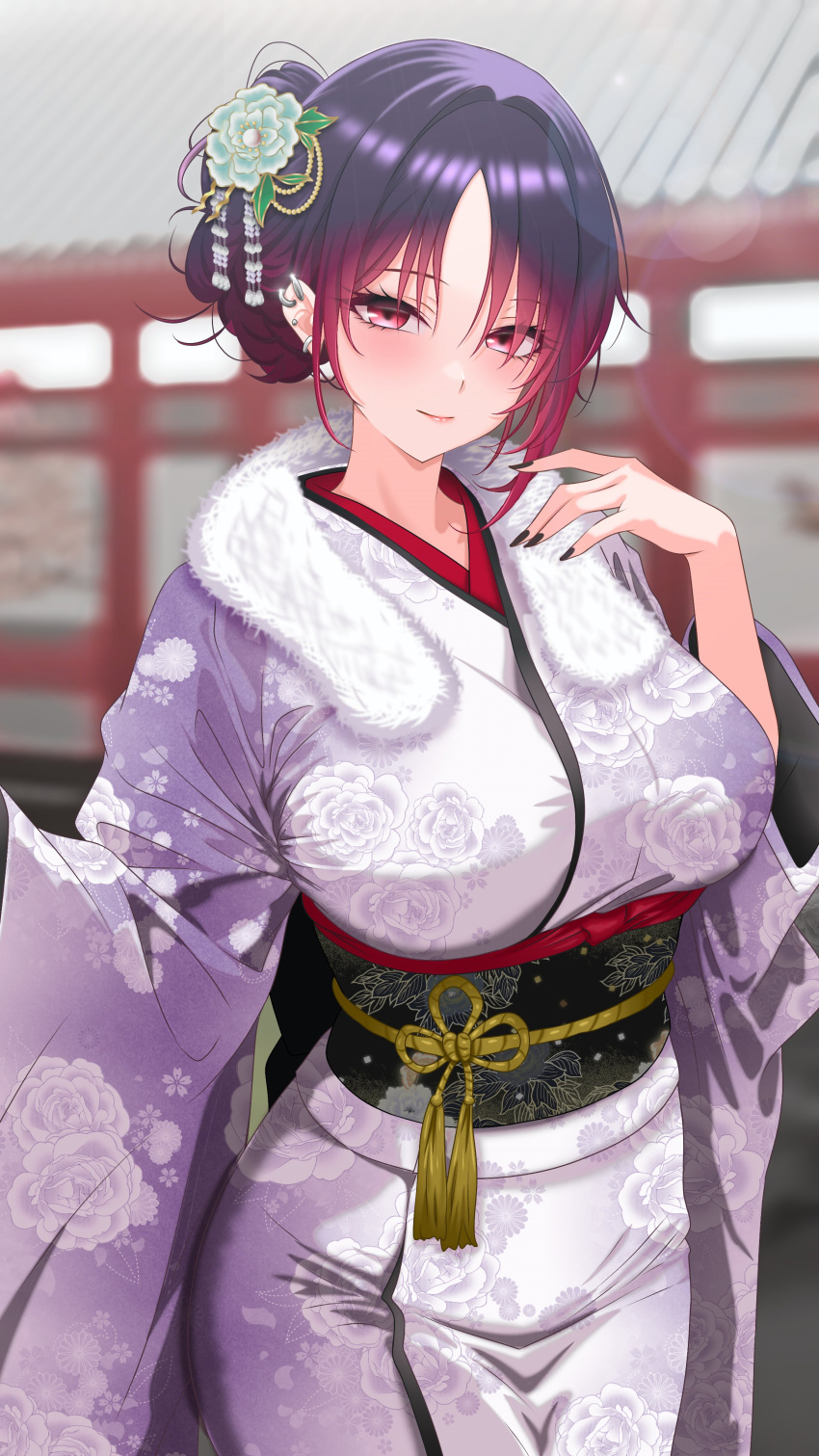 1girl, absurdres, alternate_costume, alternate_hairstyle, black_hair, blush, breasts, commentary_request, curry_pilaf0504, floral_print, flower, furisode, gradient_hair, hair_flower, hair_ornament, highres, japanese_clothes, kimono, kisaragi_ren_(vspo!), large_breasts, long_hair, long_sleeves, looking_at_viewer, multicolored_hair, red_eyes, red_hair, sash, solo, virtual_youtuber, vspo!, wide_sleeves