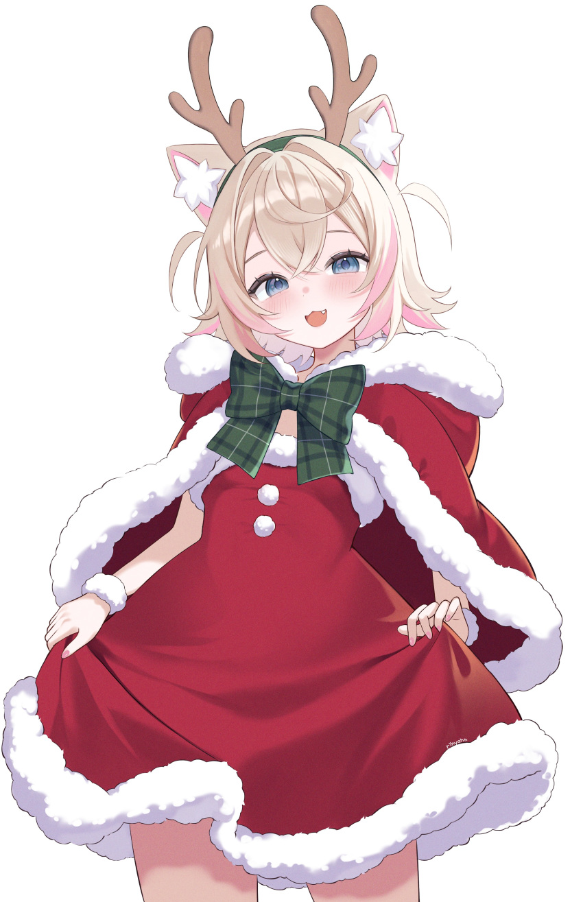 absurdres, alternate_costume, animal_ear_fluff, animal_ears, antlers, blue_eyes, clothes_lift, dog_ears