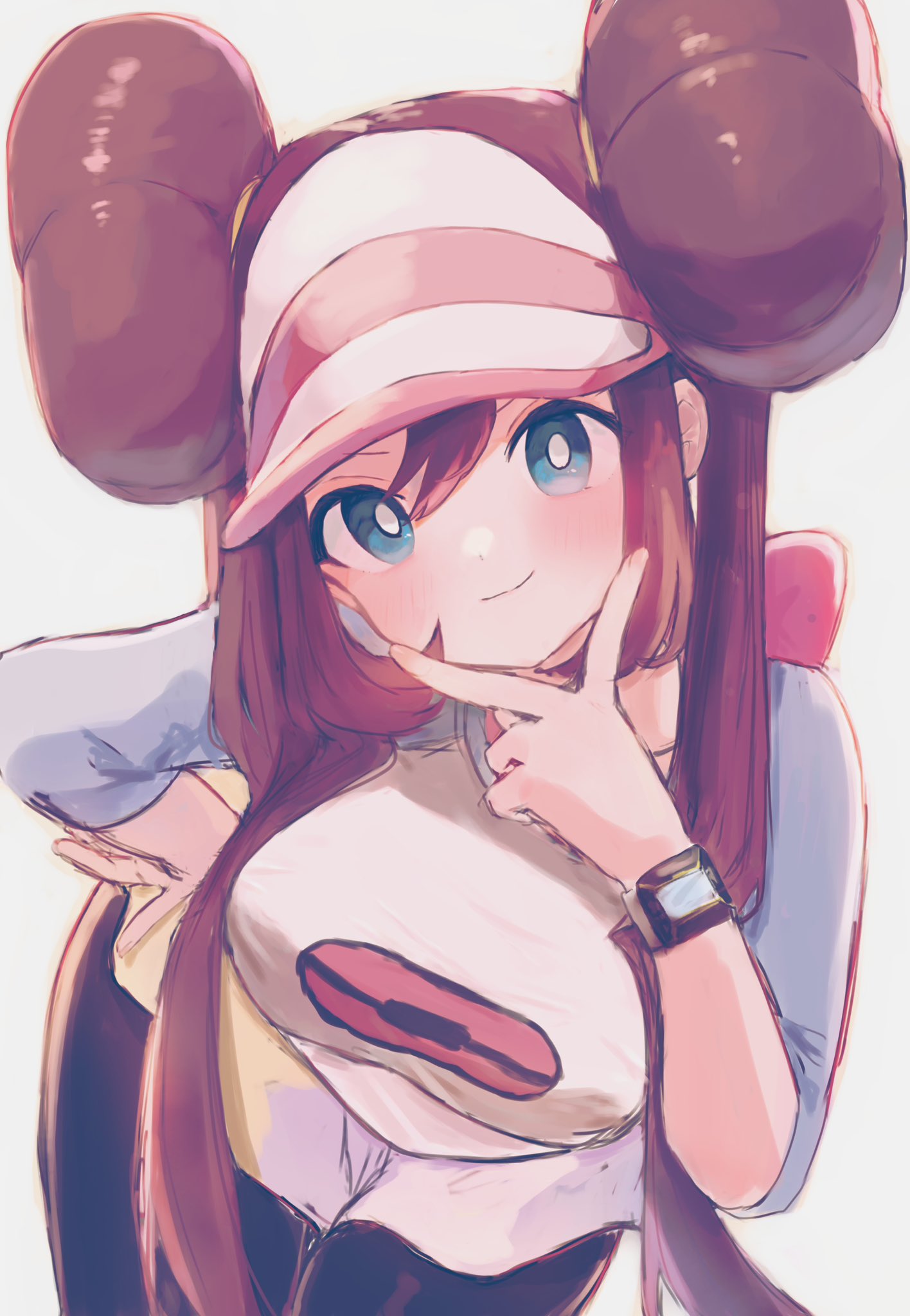 1girl, black_pantyhose, blue_eyes, blush, breasts, brown_hair, closed_mouth, commentary_request, double_bun, hair_bun, hand_on_own_hip, highres, leaning_forward, long_hair, looking_at_viewer, mcmcusg, pantyhose, pantyhose_under_shorts, pokemon, pokemon_bw2, raglan_sleeves, redrawn, rosa_(pokemon), short_shorts, shorts, smile, solo, twintails, v, visor_cap, yellow_shorts