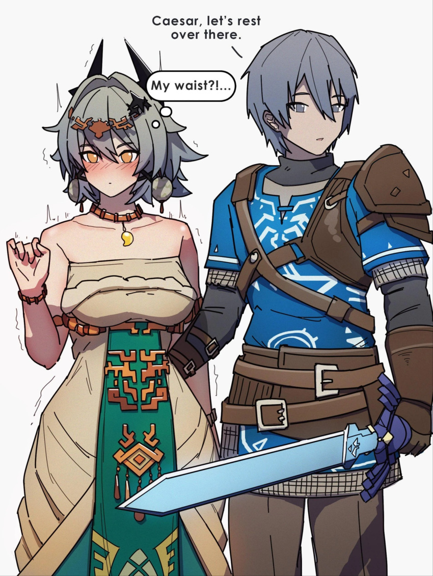 1boy, 1girl, caesar_king_(zenless_zone_zero), dorahdew, long_hair, short_hair, sword, wise_(zenless_zone_zero)