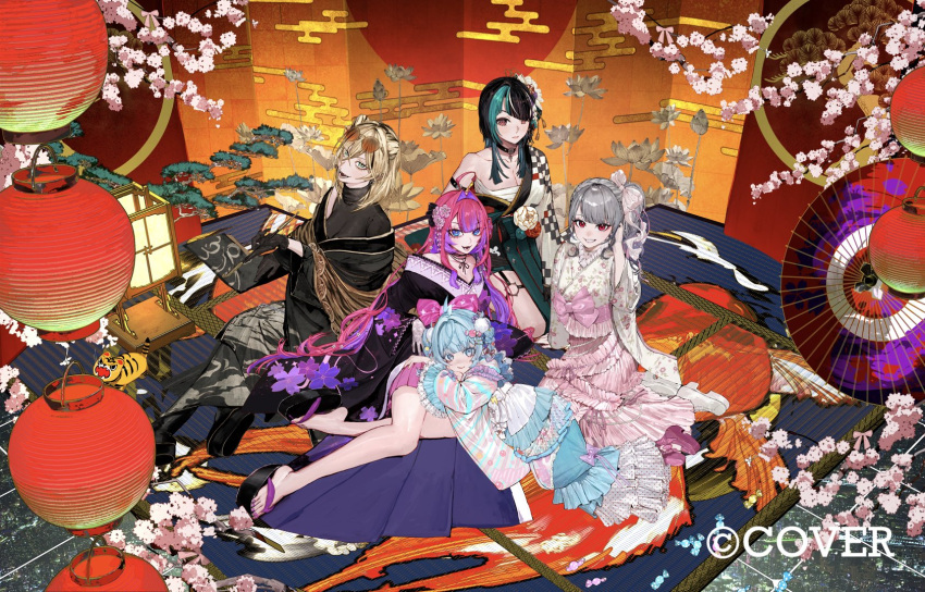 5girls, commentary_request, copyright_name, flow_glow_(hololive), full_body, highres, hololive, hololive_dev_is