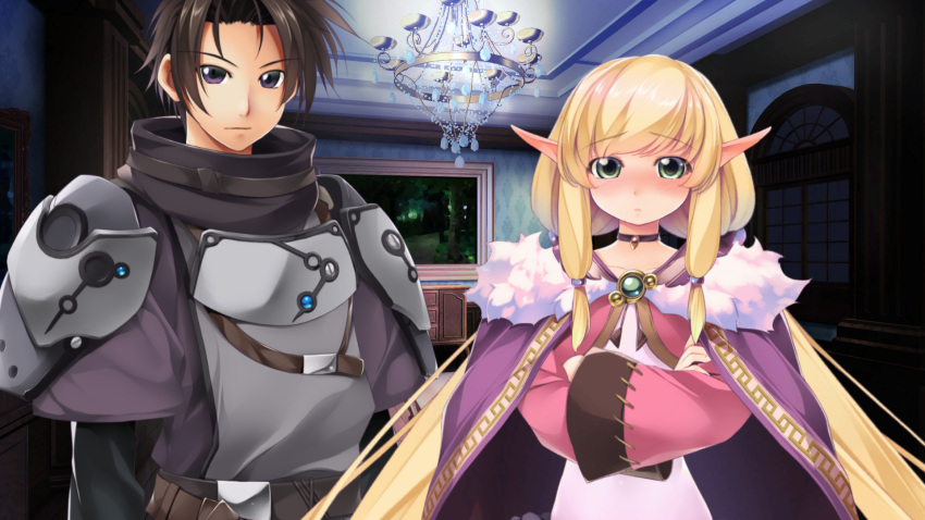 1boy, 1girl, armor, atelier-moo, belt, blonde_hair, blush, brown_belt