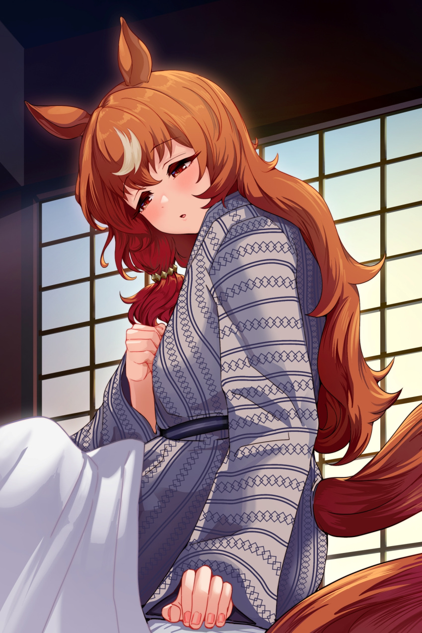 1girl, alternate_costume, animal_ears, blush, breasts, brown_hair, clenched_hand, commentary_request