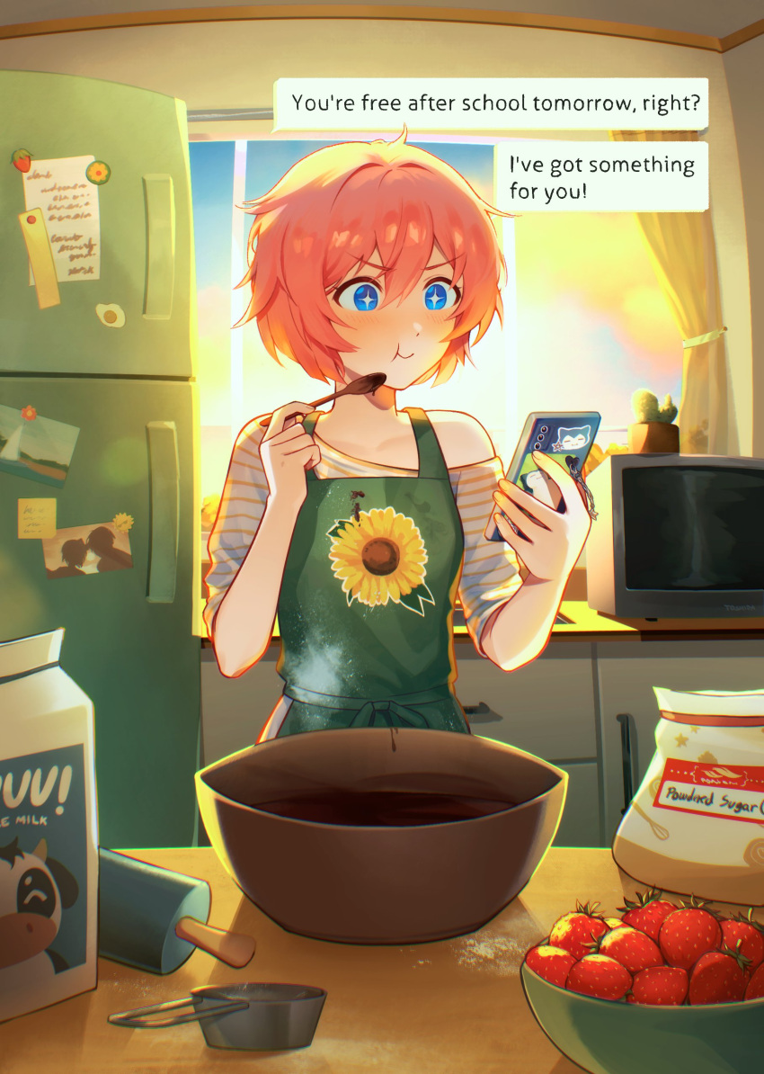 +_+, 1girl, :t, absurdres, alternate_costume, apron, baking, batter